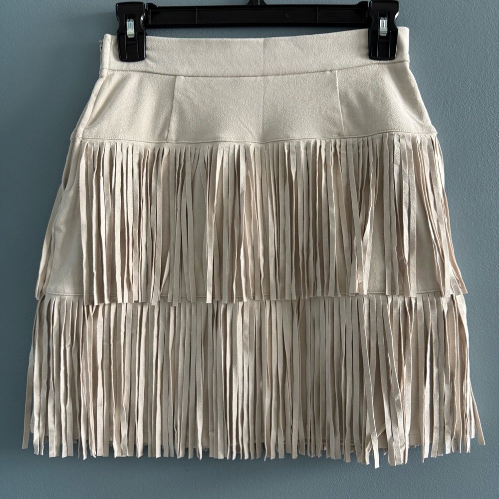 Francesca’s Blue Rain Fringe Faux Suede Skirt - Picture 4 of 7
